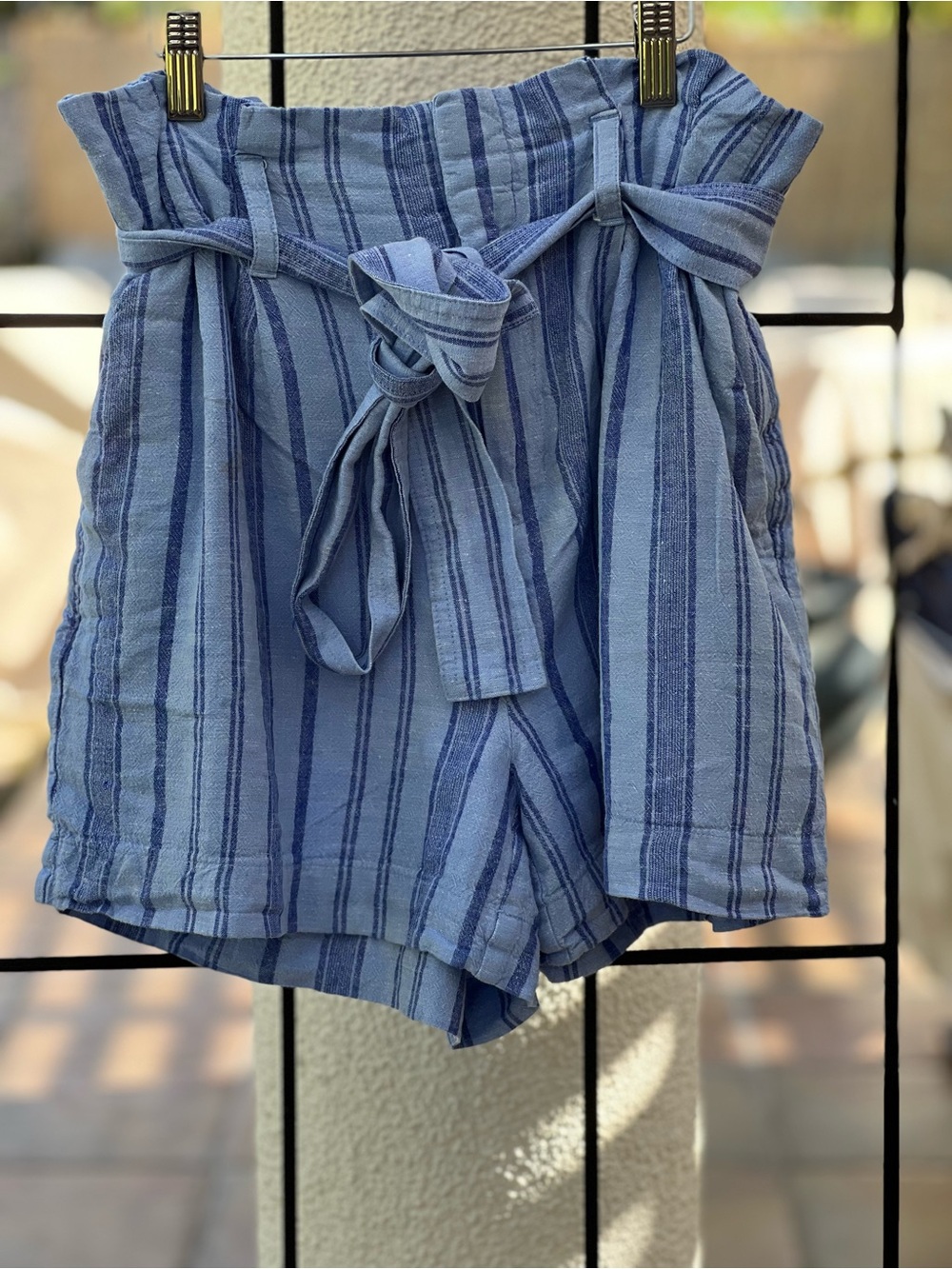 A New Day Linen and Rayon Blue Vertical Striped Paperbag Waist Women’s Shorts SM